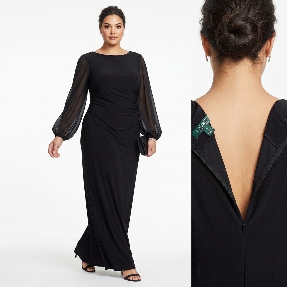 Lauren Ralph Lauren Evening Gown Women 16 Black Sheer Sleeve Ruched Maxi